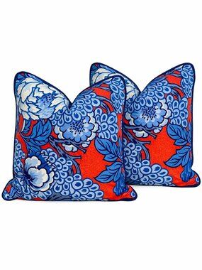 NWT, Red & Blue Chinoiserie Pillow Covers (2), Blue Piping, Double Sided